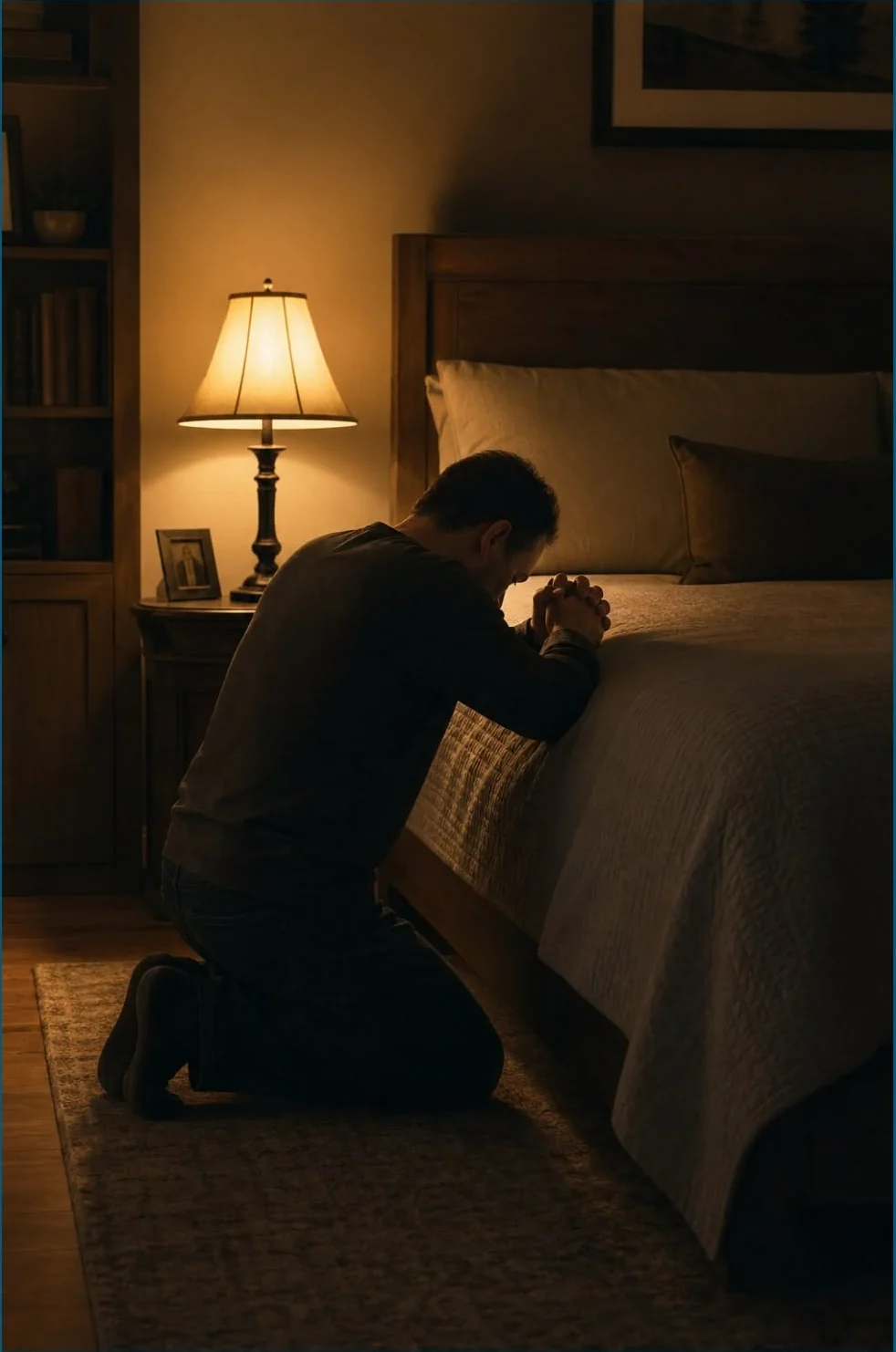 Hombre en oración junto a su cama, buscando a Dios con devoción
