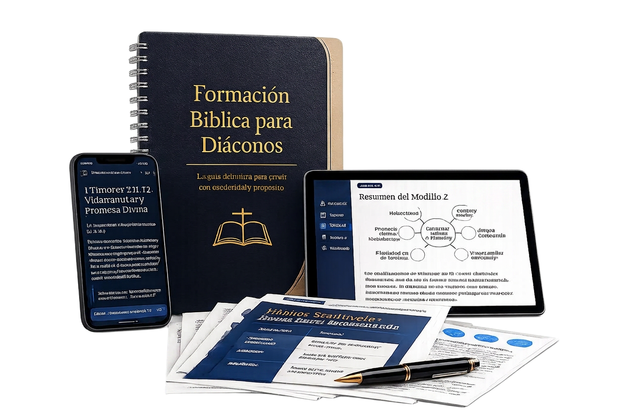 Interior del producto Formación Bíblica para Diáconos en libro, teléfono, tableta y material impreso